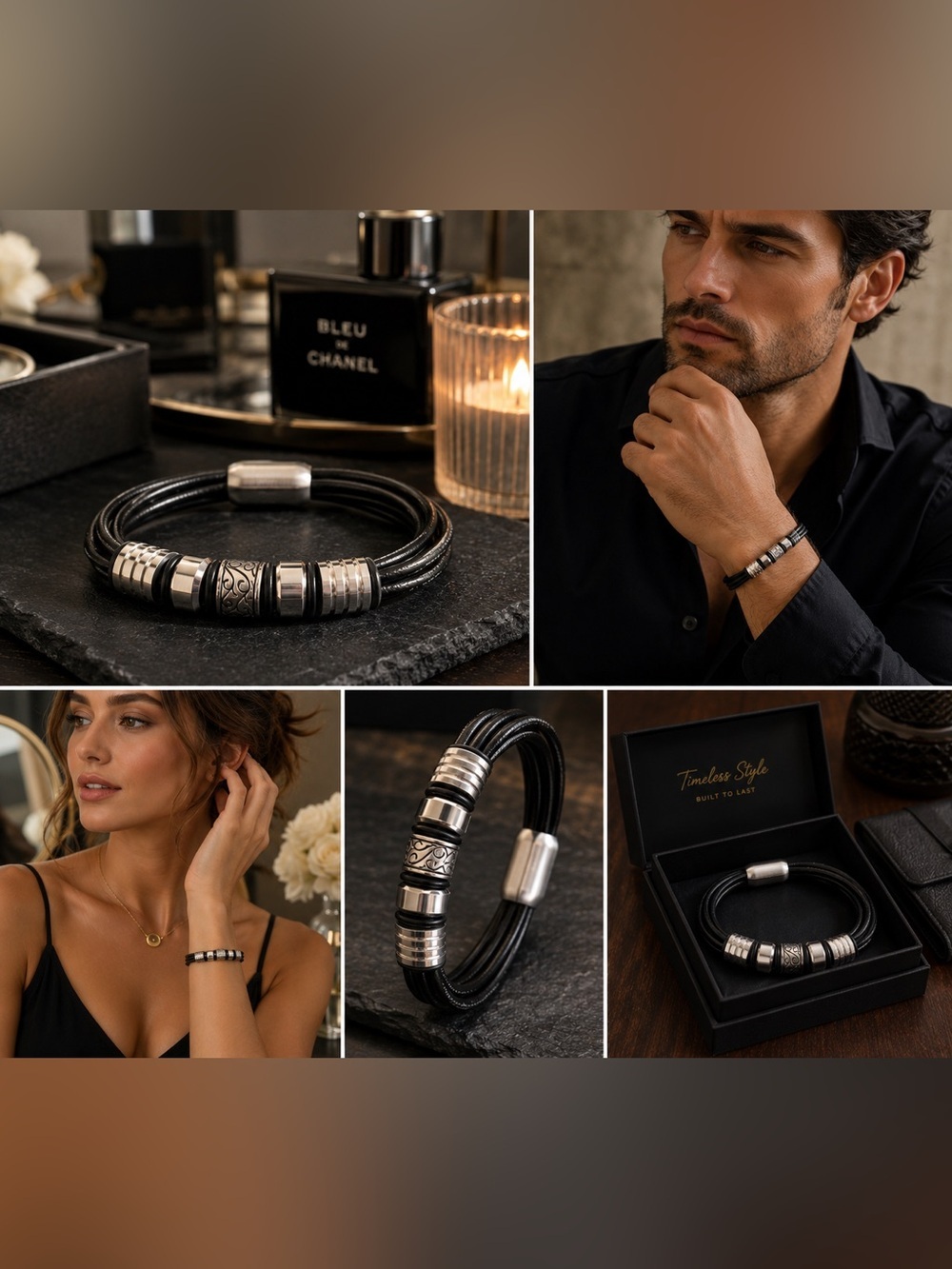 Leather & Stainless Steel Wrap Bracelet | Black Leather Cord Bracelet | Unisex